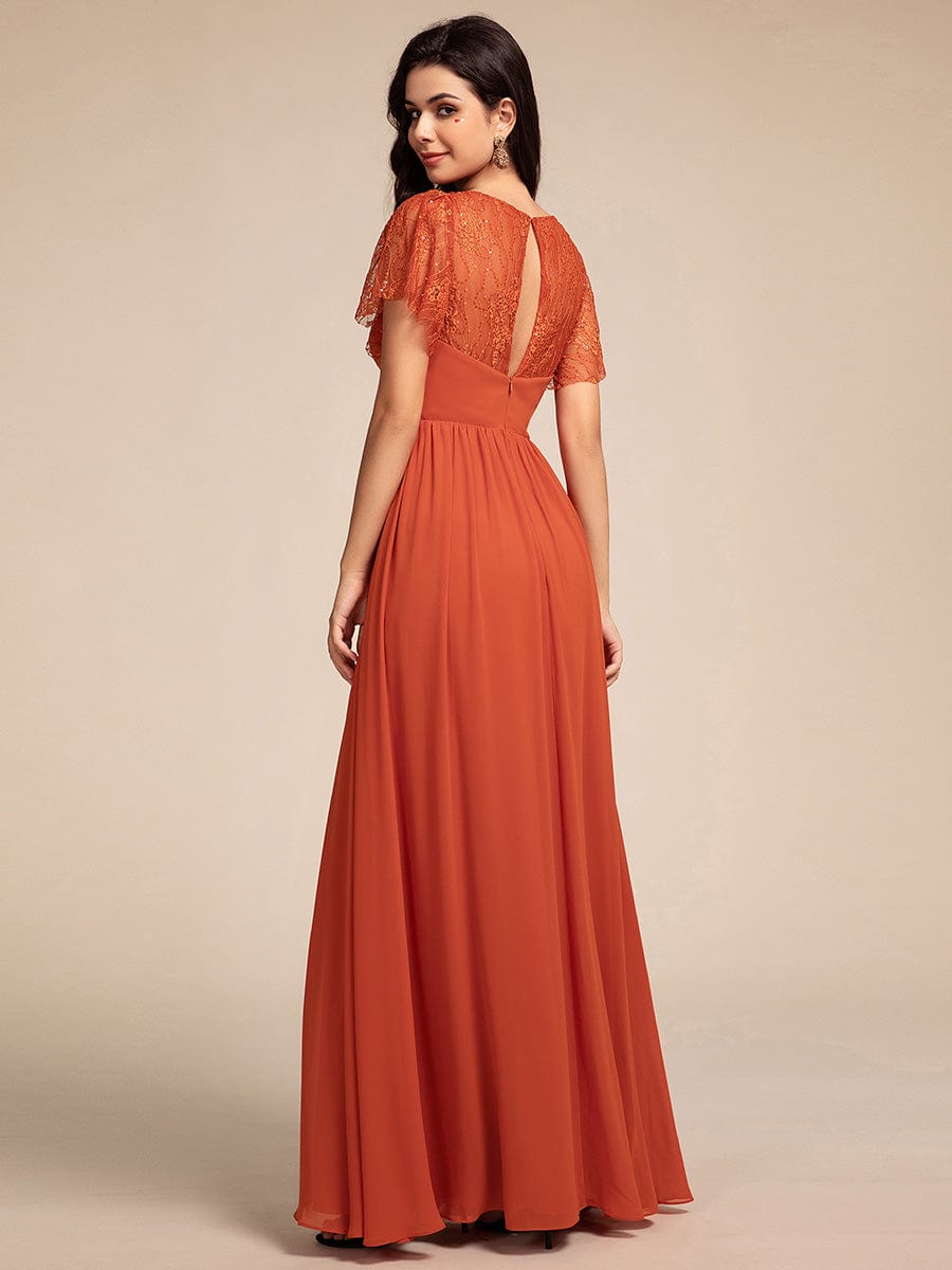 Lace Pleated Chiffon A-line Bridesmaid Dress with Backless Detail #color_Burnt Orange