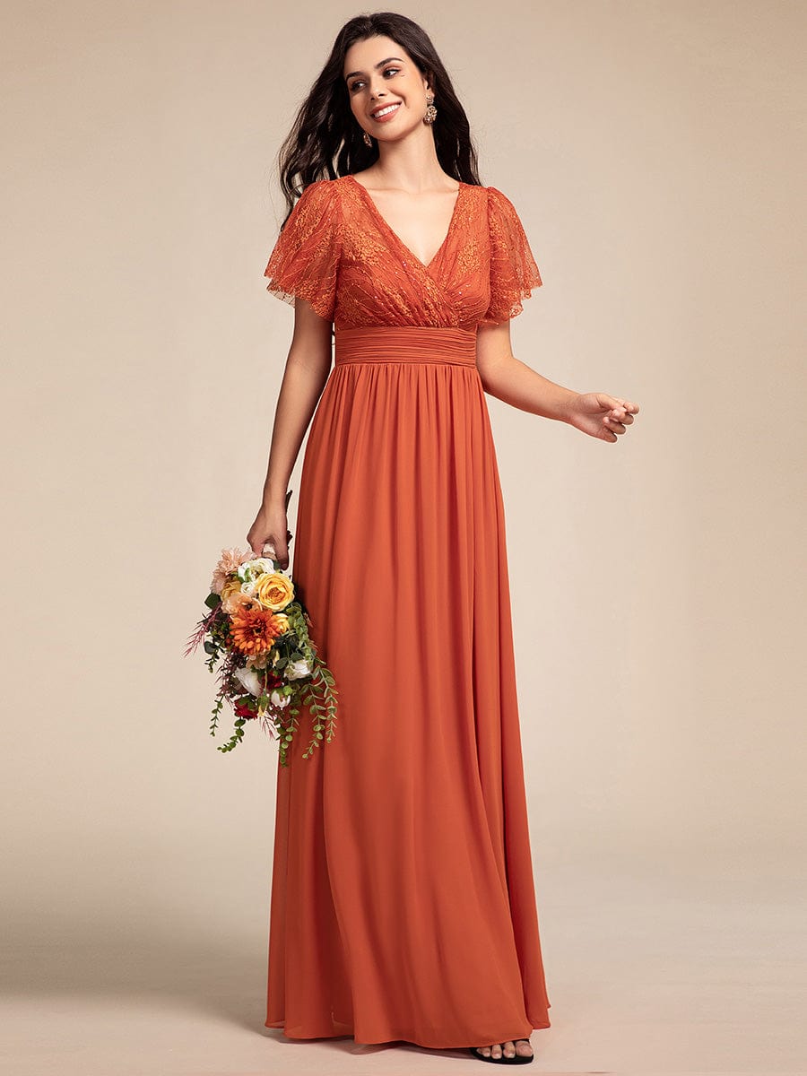 Lace Pleated Chiffon A-line Bridesmaid Dress with Backless Detail #color_Burnt Orange