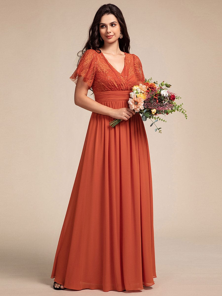 Lace Pleated Chiffon A-line Bridesmaid Dress with Backless Detail #color_Burnt Orange