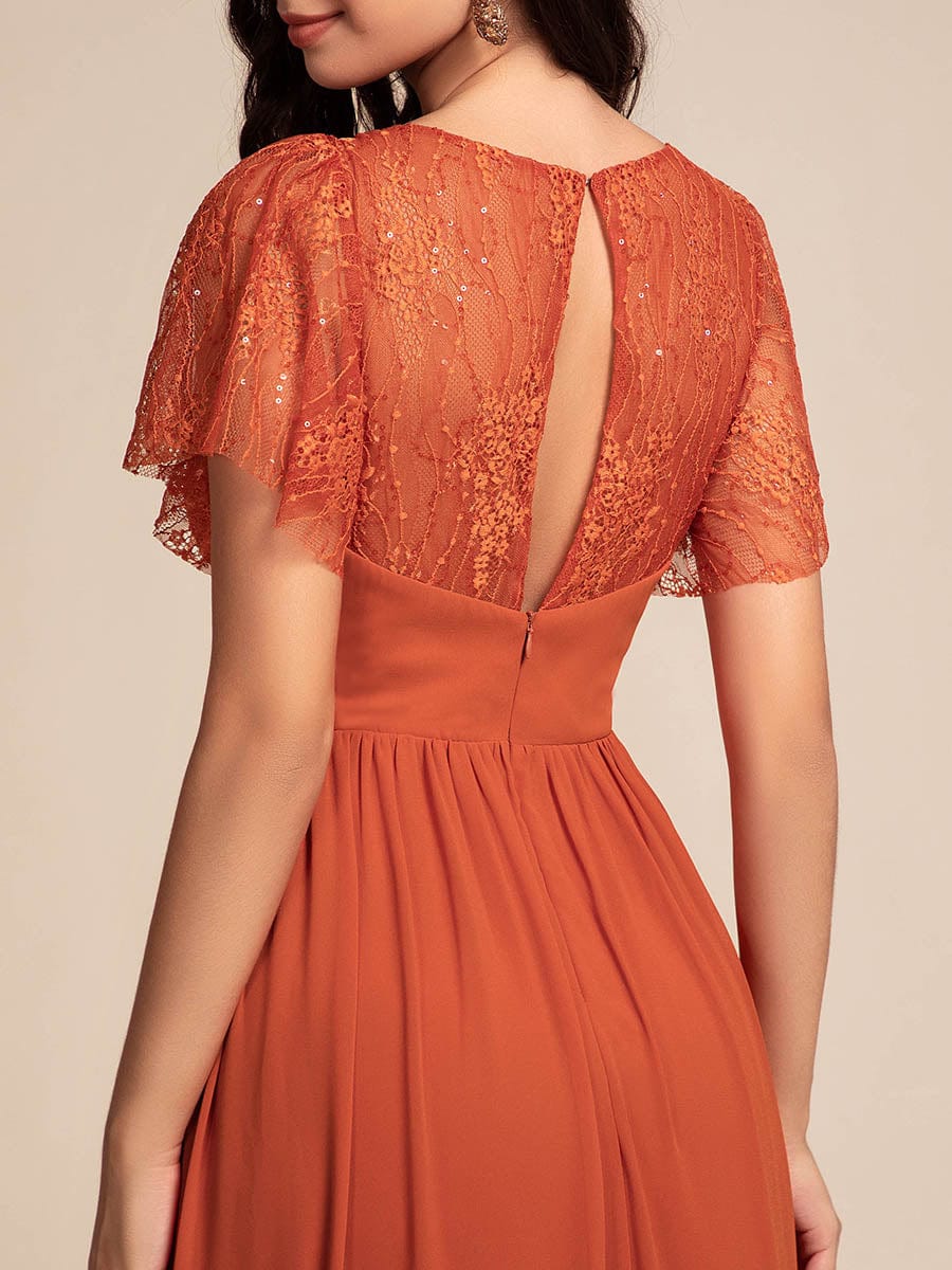 Lace Pleated Chiffon A-line Bridesmaid Dress with Backless Detail #color_Burnt Orange