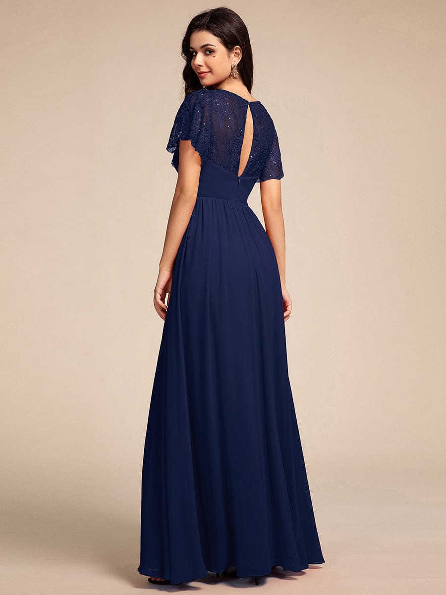 Lace Pleated Chiffon A-line Bridesmaid Dress with Backless Detail #color_Navy Blue