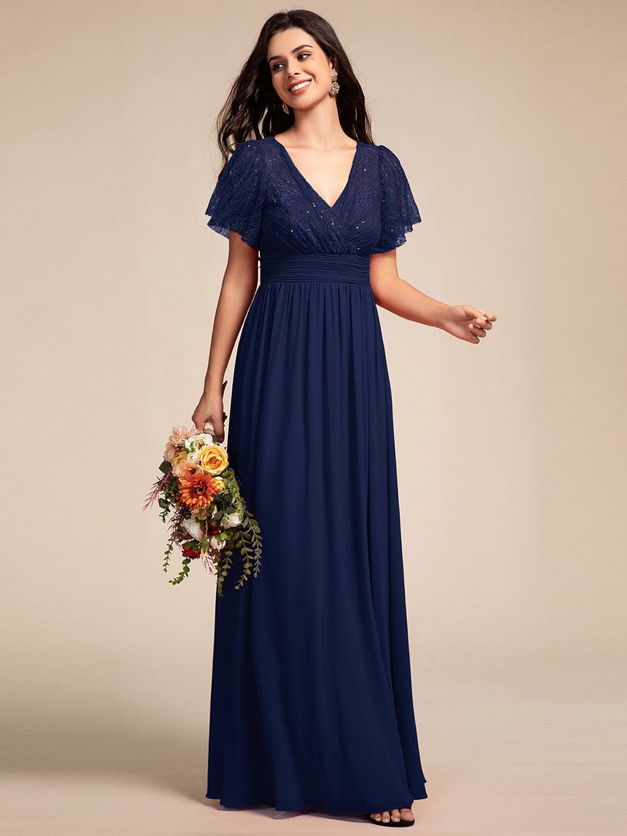 Lace Pleated Chiffon A-line Bridesmaid Dress with Backless Detail #color_Navy Blue