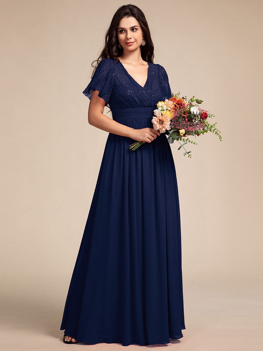 Lace Pleated Chiffon A-line Bridesmaid Dress with Backless Detail #color_Navy Blue