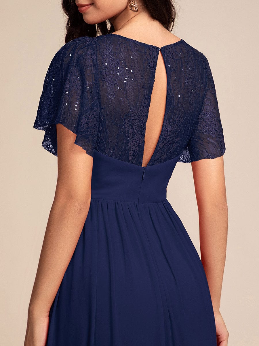 Lace Pleated Chiffon A-line Bridesmaid Dress with Backless Detail #color_Navy Blue