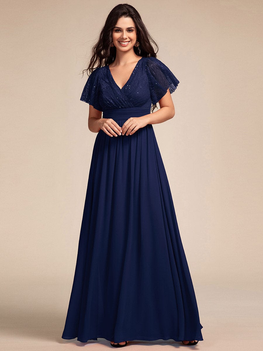 Lace Pleated Chiffon A-line Bridesmaid Dress with Backless Detail #color_Navy Blue