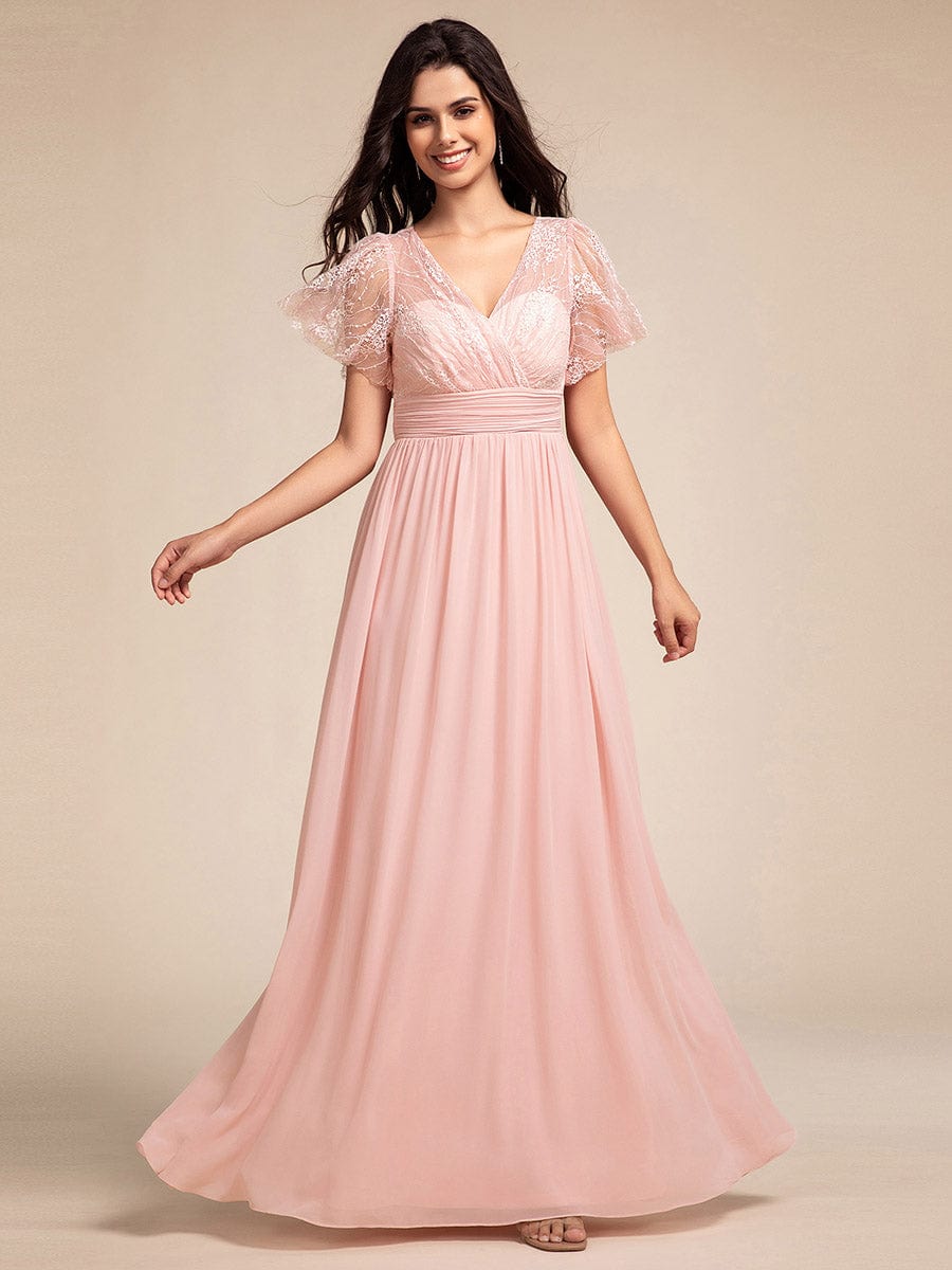 Lace Pleated Chiffon A-line Bridesmaid Dress with Backless Detail #color_Pink