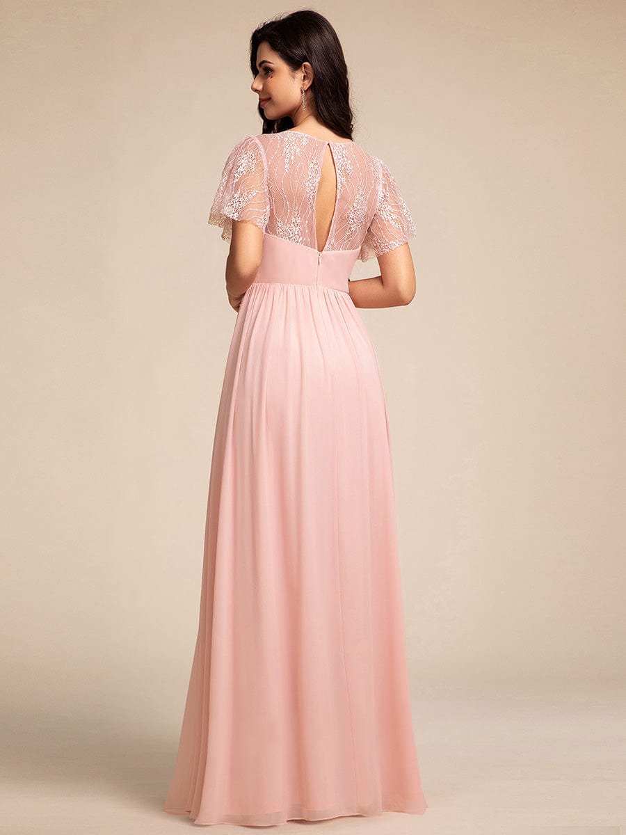 Lace Pleated Chiffon A-line Bridesmaid Dress with Backless Detail #color_Pink