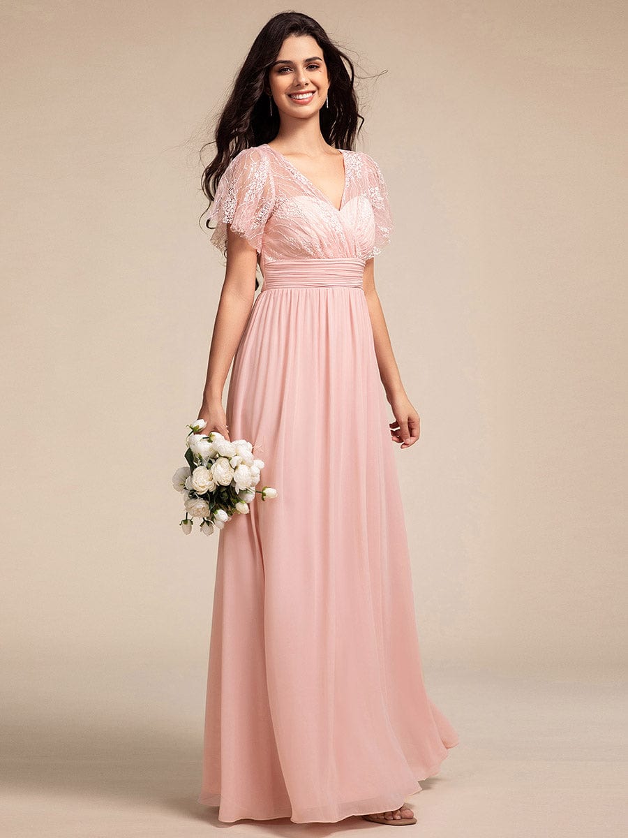 Lace Pleated Chiffon A-line Bridesmaid Dress with Backless Detail #color_Pink