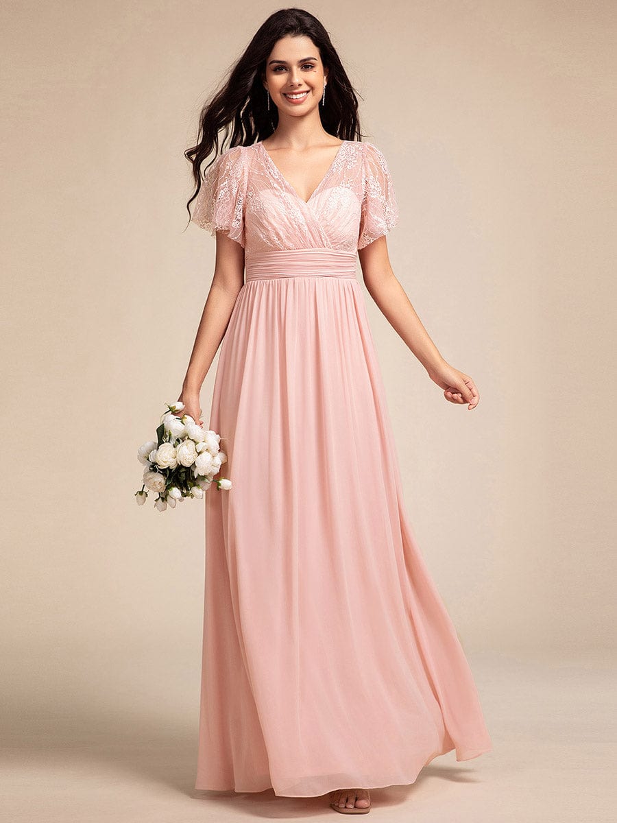 Lace Pleated Chiffon A-line Bridesmaid Dress with Backless Detail #color_Pink