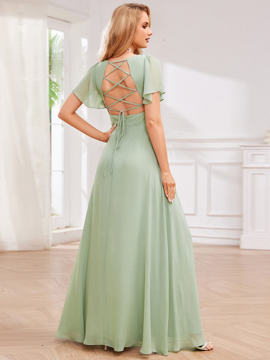 Cross-Tie Back Chiffon A-Line Pleated Bridesmaid Dress with V-Neck #color_Mint Green