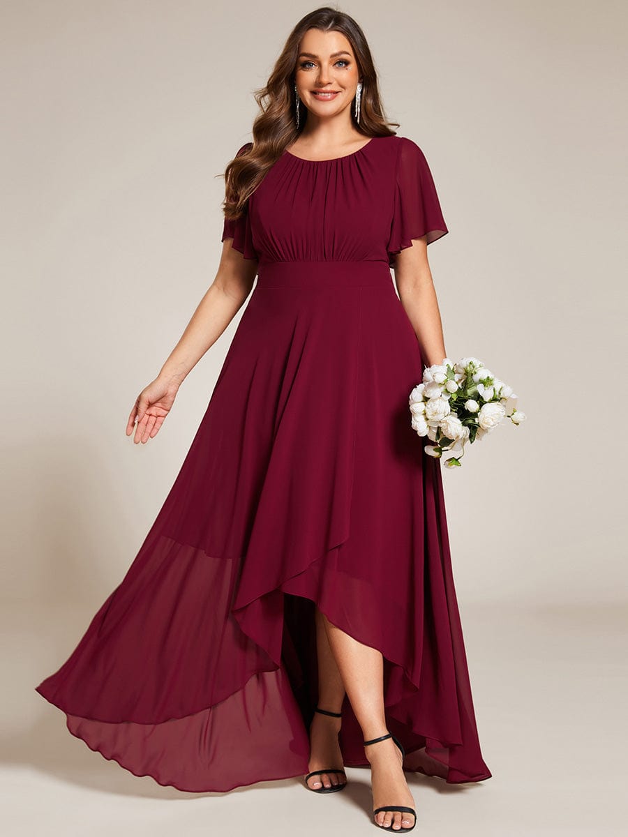 Round Neck Short Sleeve High-Low Chiffon Bridesmaid Dress #color_Burgundy