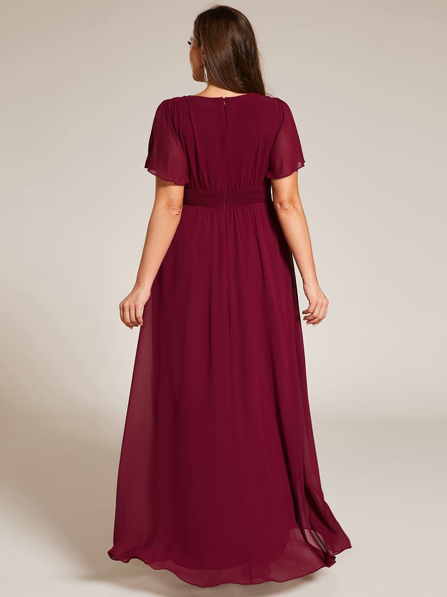 Round Neck Short Sleeve High-Low Chiffon Bridesmaid Dress #color_Burgundy