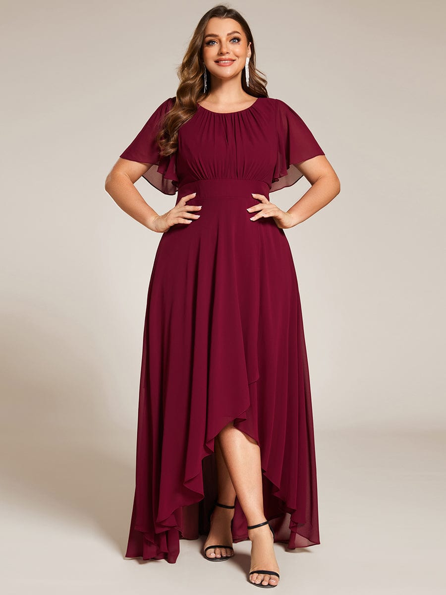 Round Neck Short Sleeve High-Low Chiffon Bridesmaid Dress #color_Burgundy