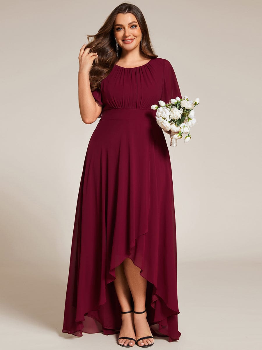 Round Neck Short Sleeve High-Low Chiffon Bridesmaid Dress #color_Burgundy