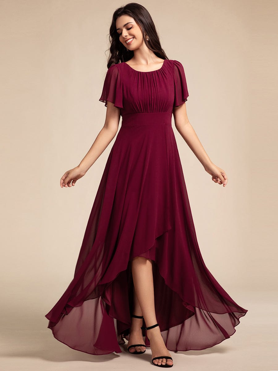 Round Neck Short Sleeve High-Low Chiffon Bridesmaid Dress #color_Burgundy