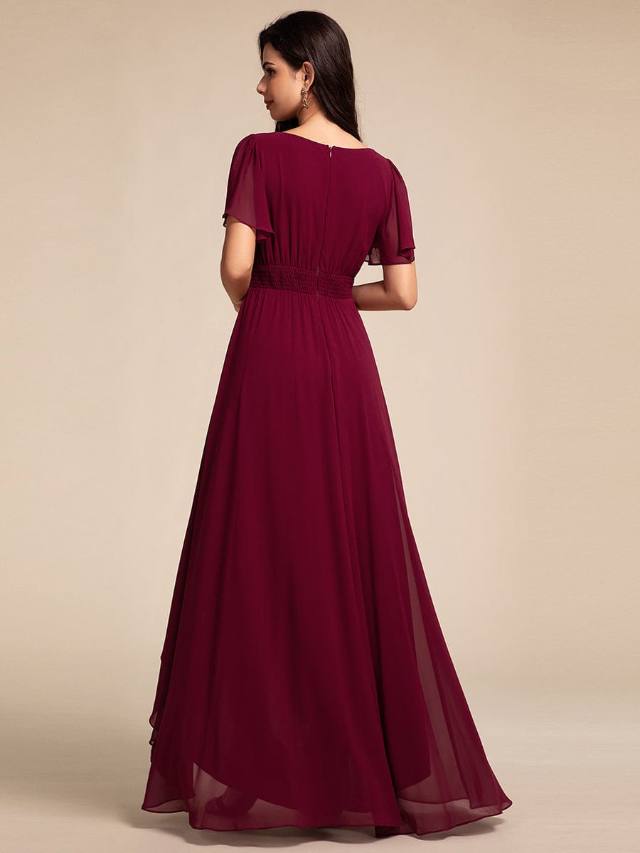 Round Neck Short Sleeve High-Low Chiffon Bridesmaid Dress #color_Burgundy