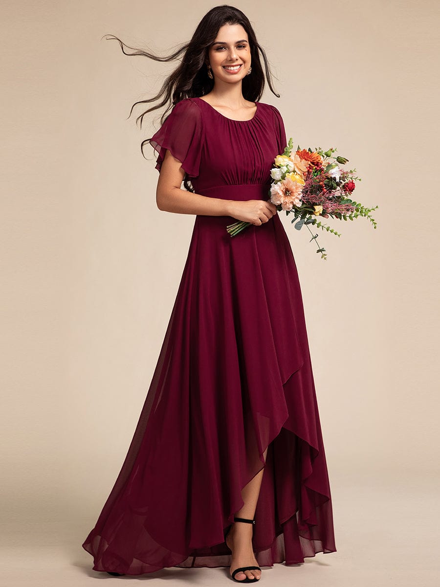 Round Neck Short Sleeve High-Low Chiffon Bridesmaid Dress #color_Burgundy