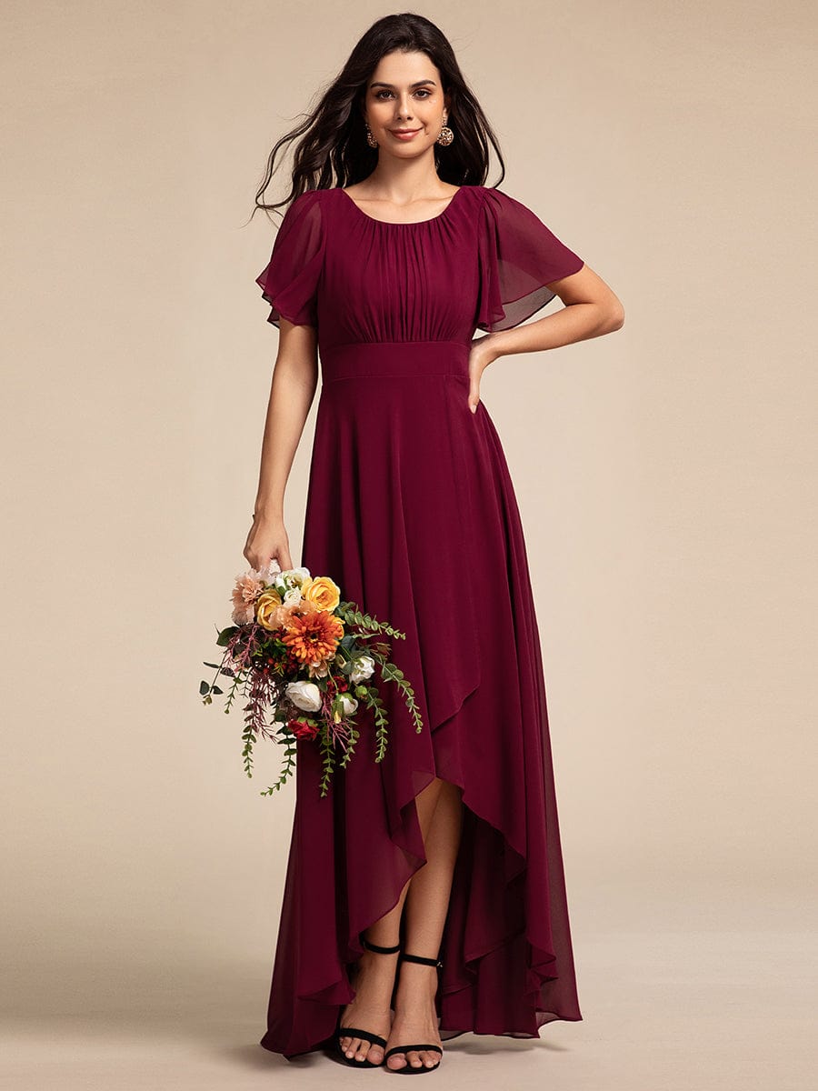 Round Neck Short Sleeve High-Low Chiffon Bridesmaid Dress #color_Burgundy