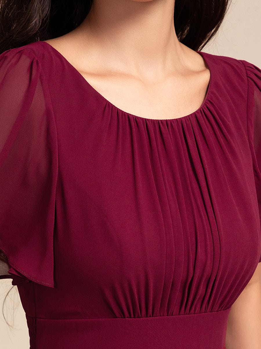 Round Neck Short Sleeve High-Low Chiffon Bridesmaid Dress #color_Burgundy