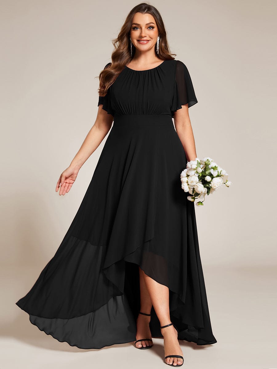 Round Neck Short Sleeve High-Low Chiffon Bridesmaid Dress #color_Black