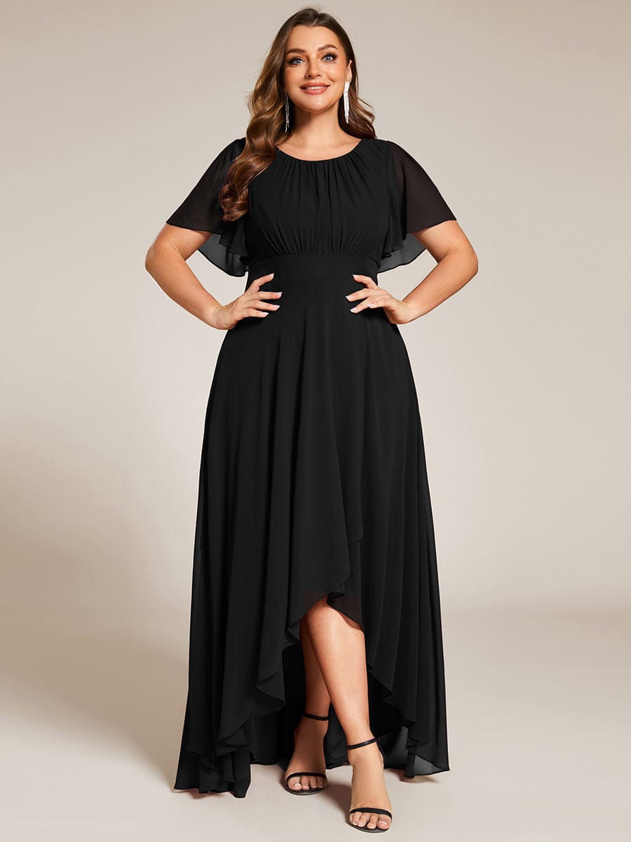 Round Neck Short Sleeve High-Low Chiffon Bridesmaid Dress #color_Black