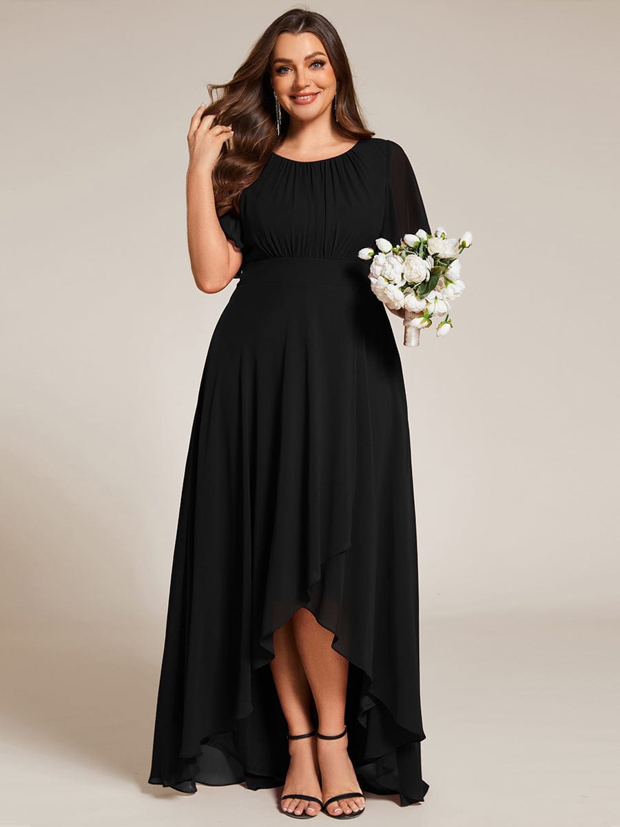 Round Neck Short Sleeve High-Low Chiffon Bridesmaid Dress #color_Black