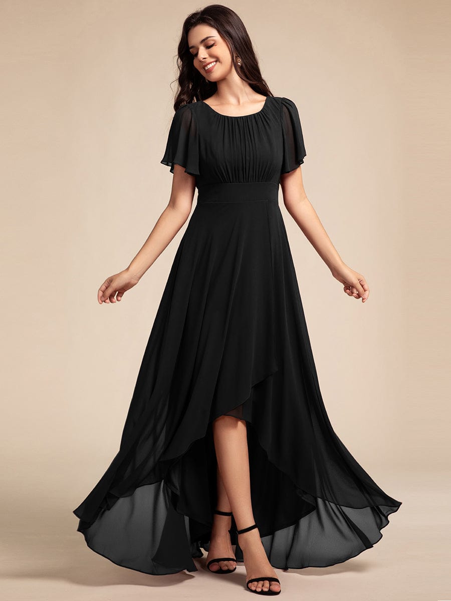 Round Neck Short Sleeve High-Low Chiffon Bridesmaid Dress #color_Black