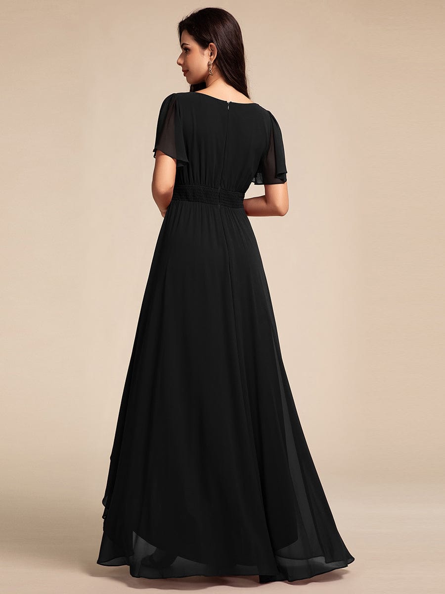 Round Neck Short Sleeve High-Low Chiffon Bridesmaid Dress #color_Black