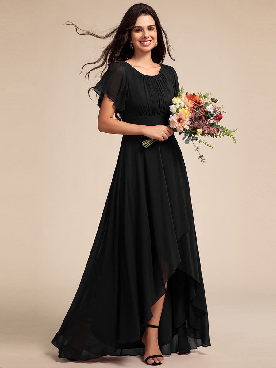 Round Neck Short Sleeve High-Low Chiffon Bridesmaid Dress #color_Black