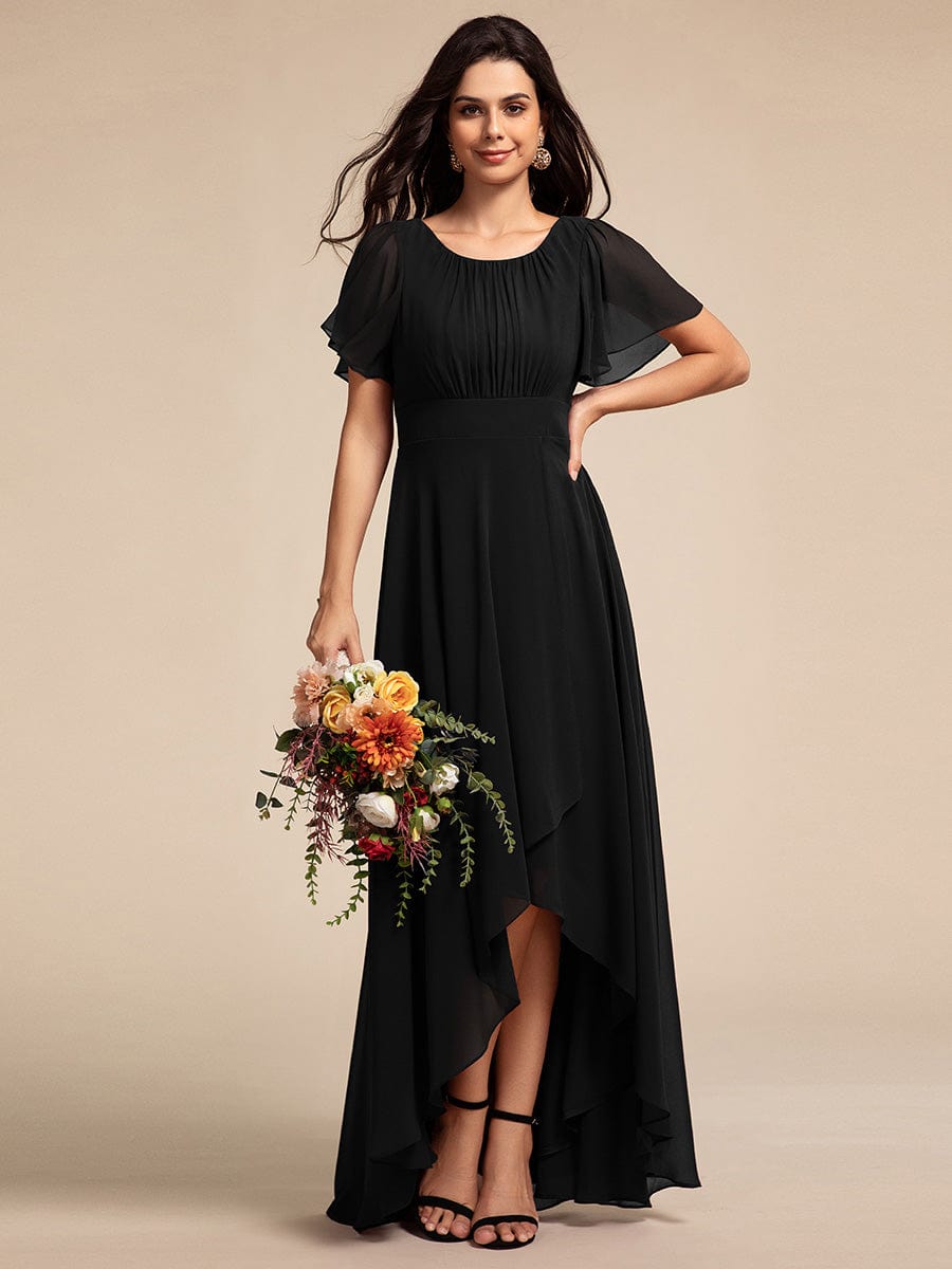 Round Neck Short Sleeve High-Low Chiffon Bridesmaid Dress #color_Black