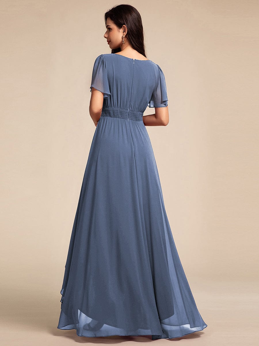 Round Neck Short Sleeve High-Low Chiffon Bridesmaid Dress #color_Dusty Blue