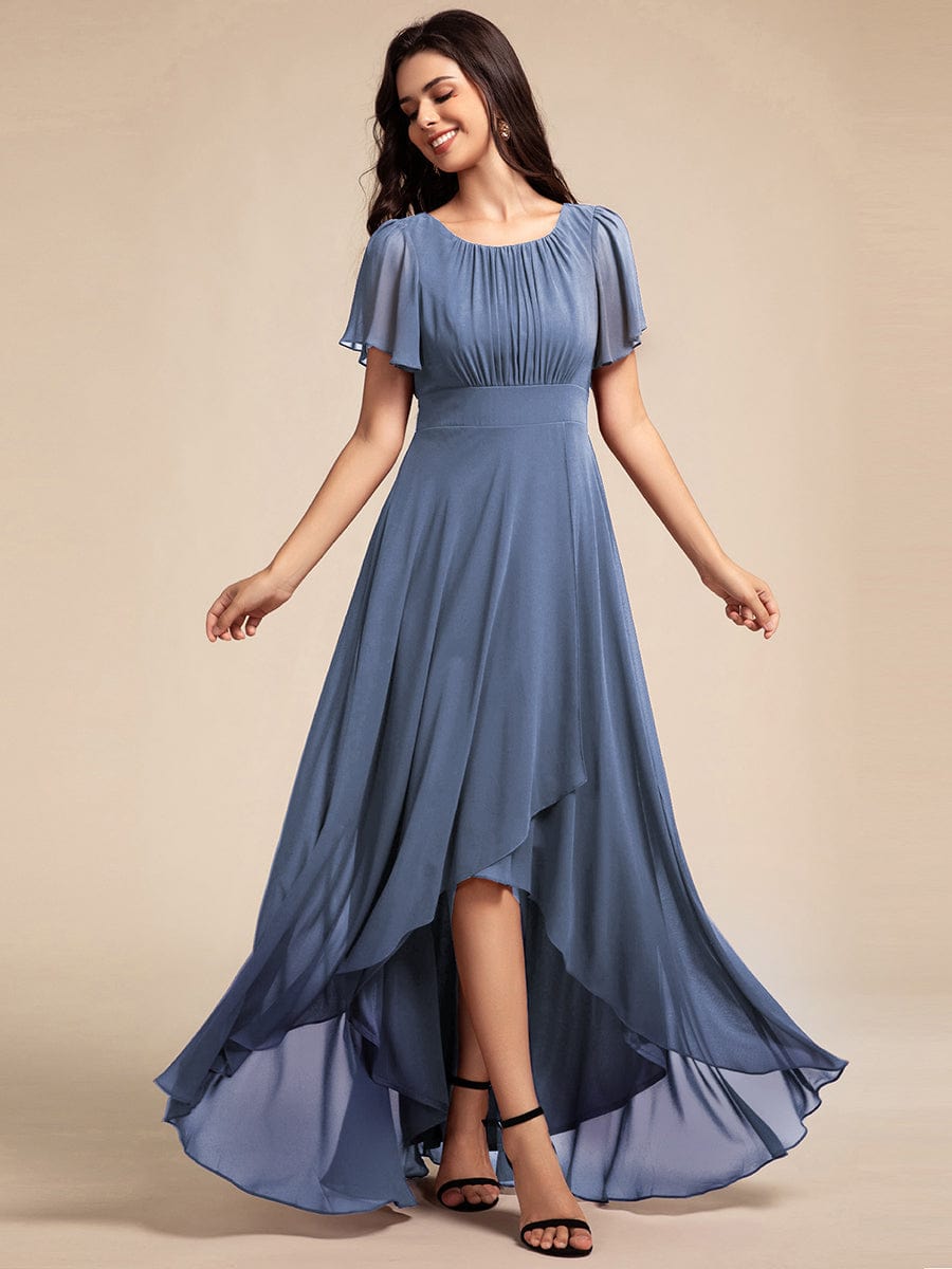 Round Neck Short Sleeve High-Low Chiffon Bridesmaid Dress #color_Dusty Blue