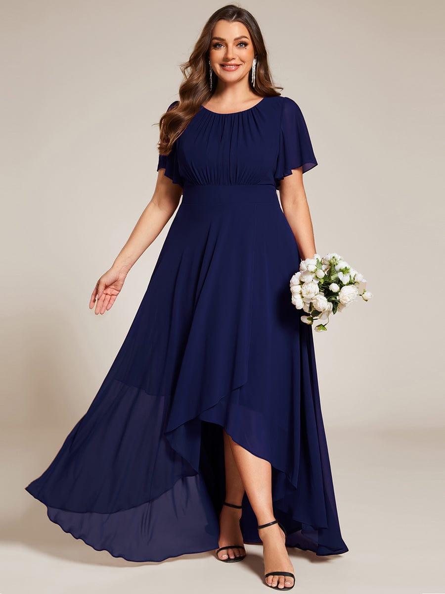 Round Neck Short Sleeve High-Low Chiffon Bridesmaid Dress #color_Navy Blue