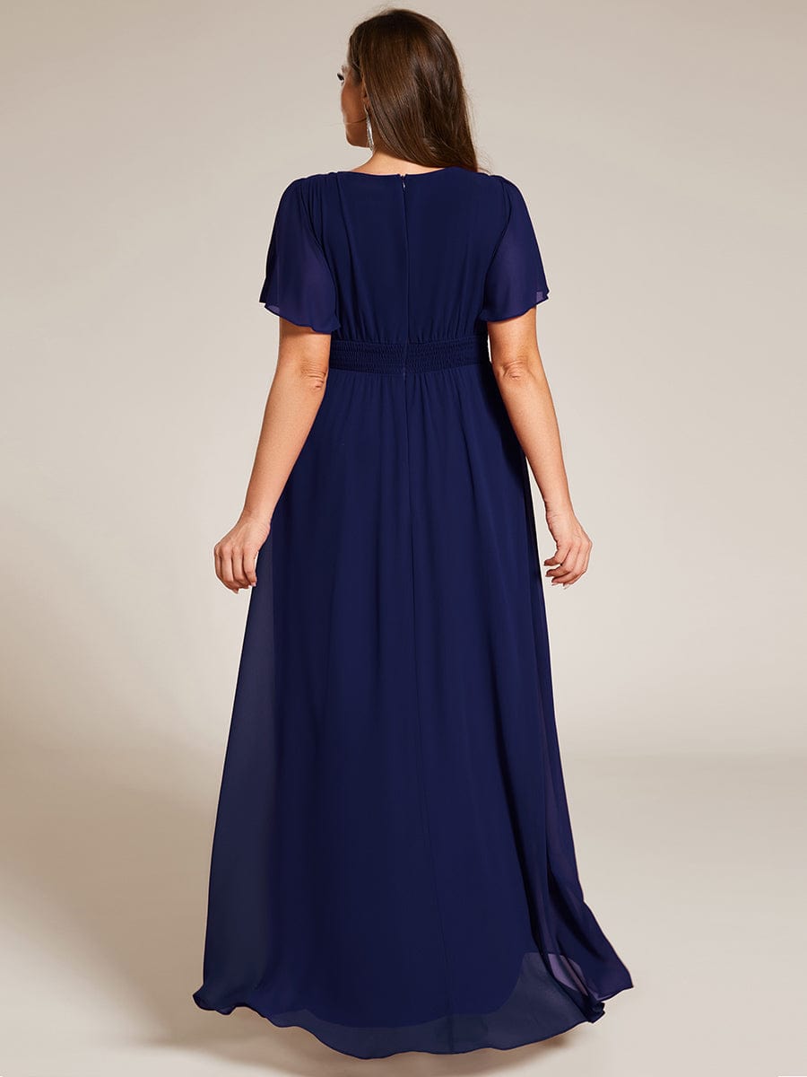 Round Neck Short Sleeve High-Low Chiffon Bridesmaid Dress #color_Navy Blue