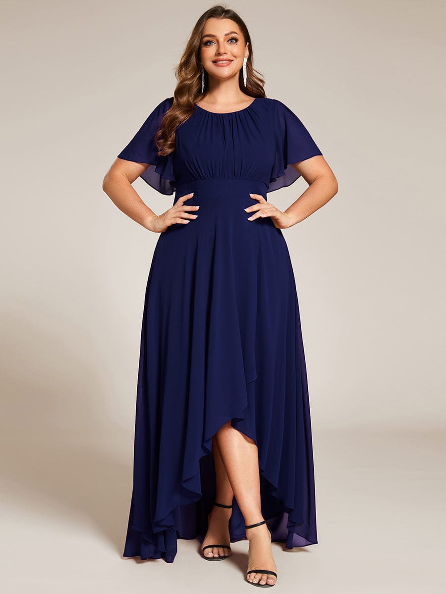 Round Neck Short Sleeve High-Low Chiffon Bridesmaid Dress #color_Navy Blue