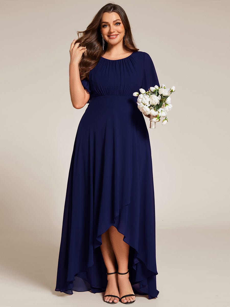 Round Neck Short Sleeve High-Low Chiffon Bridesmaid Dress #color_Navy Blue