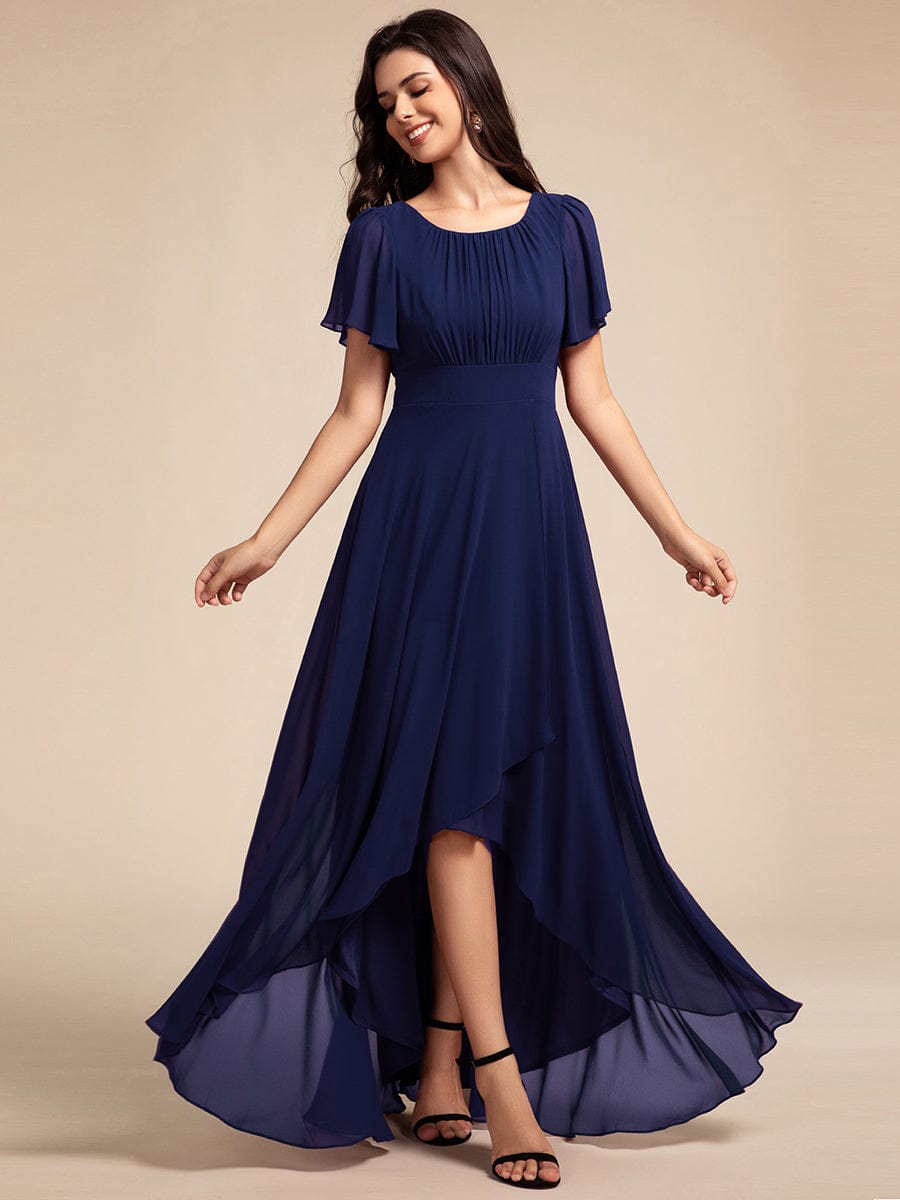 Round Neck Short Sleeve High-Low Chiffon Bridesmaid Dress #color_Navy Blue