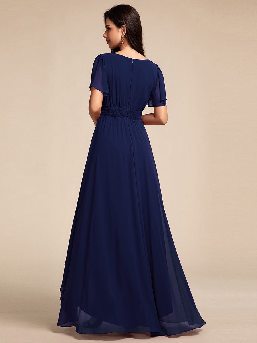 Round Neck Short Sleeve High-Low Chiffon Bridesmaid Dress #color_Navy Blue