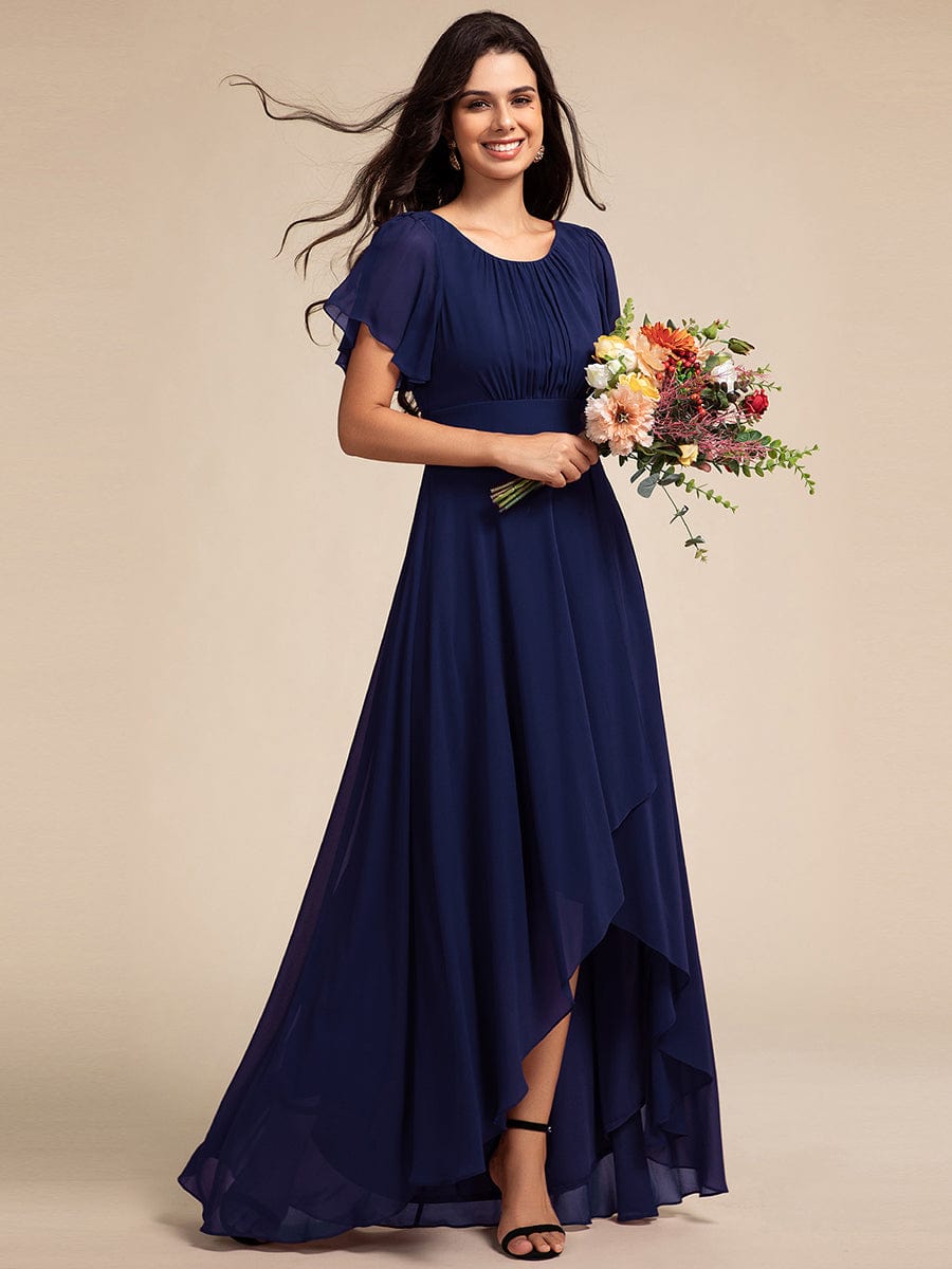 Round Neck Short Sleeve High-Low Chiffon Bridesmaid Dress #color_Navy Blue