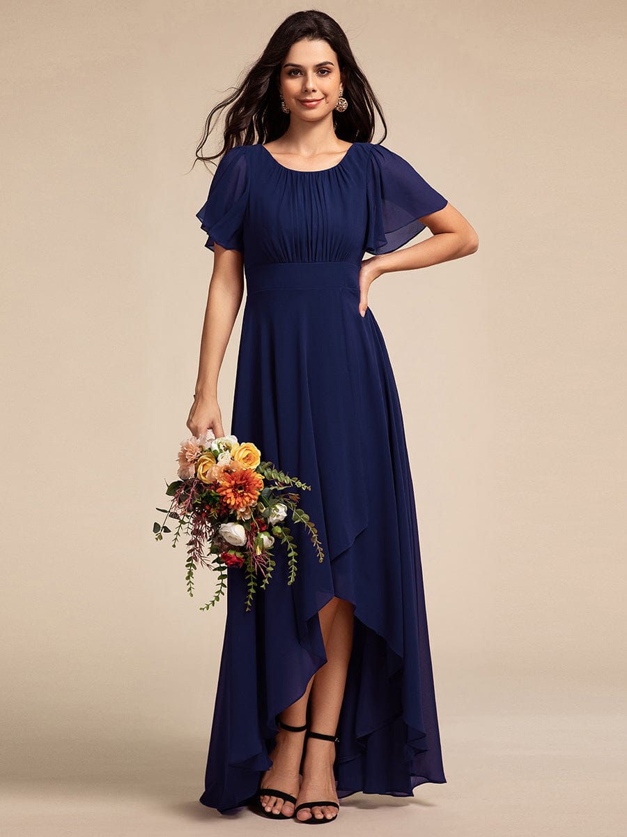 Round Neck Short Sleeve High-Low Chiffon Bridesmaid Dress #color_Navy Blue