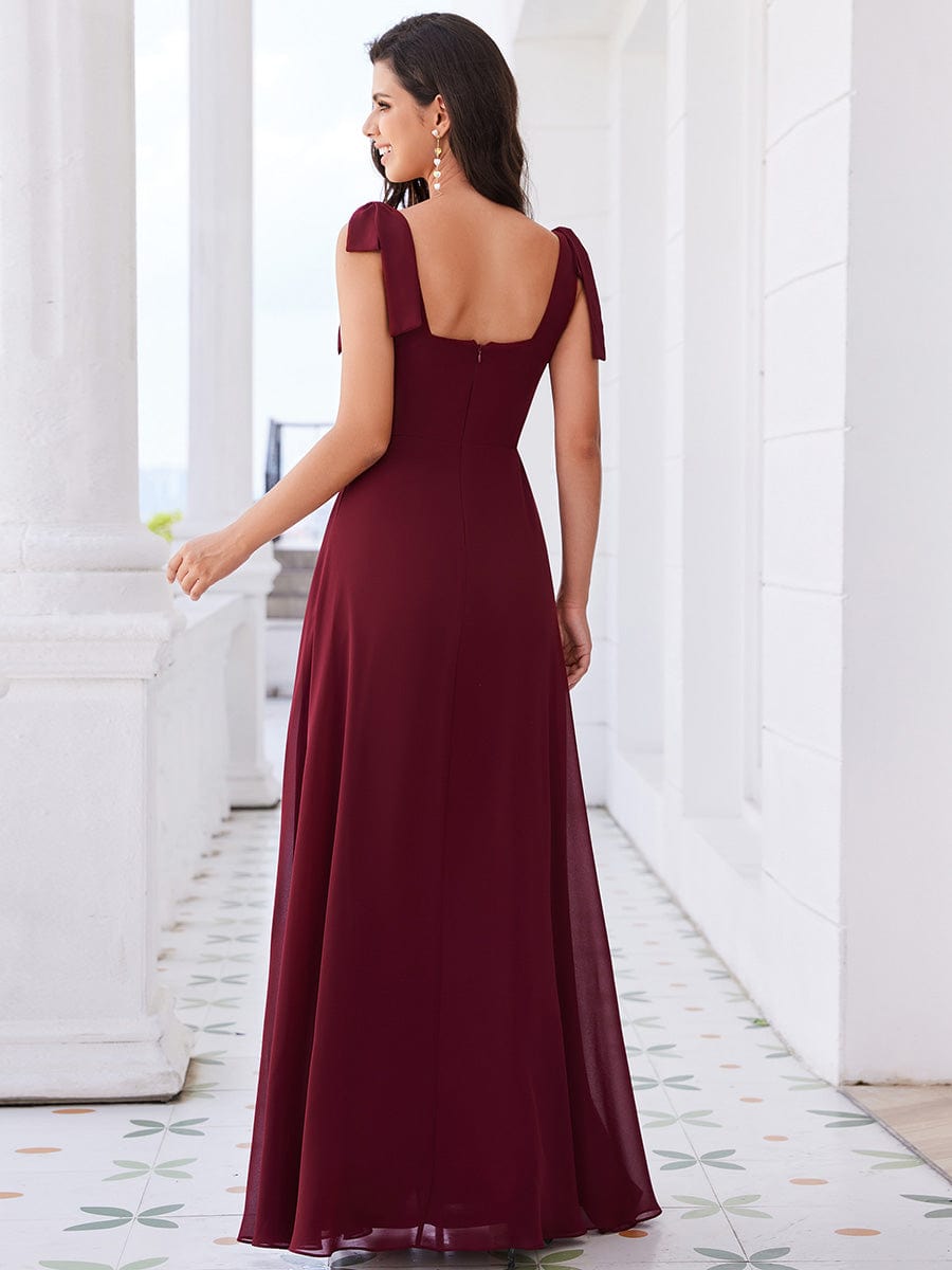 Square Neckline Chiffon Maxi Bridesmaid Dress with Bowknot and Slit #color_Burgundy