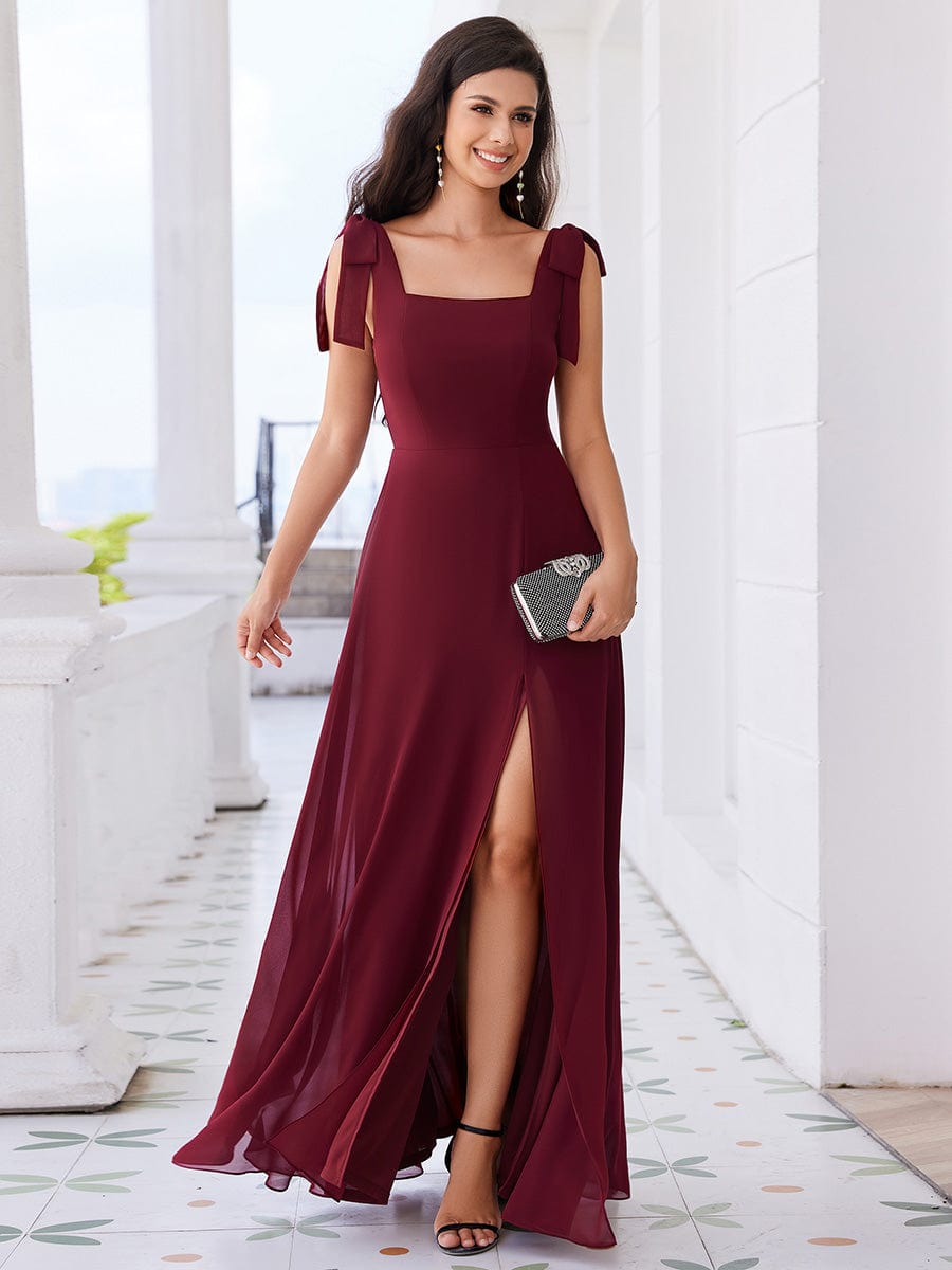 Square Neckline Chiffon Maxi Bridesmaid Dress with Bowknot and Slit #color_Burgundy