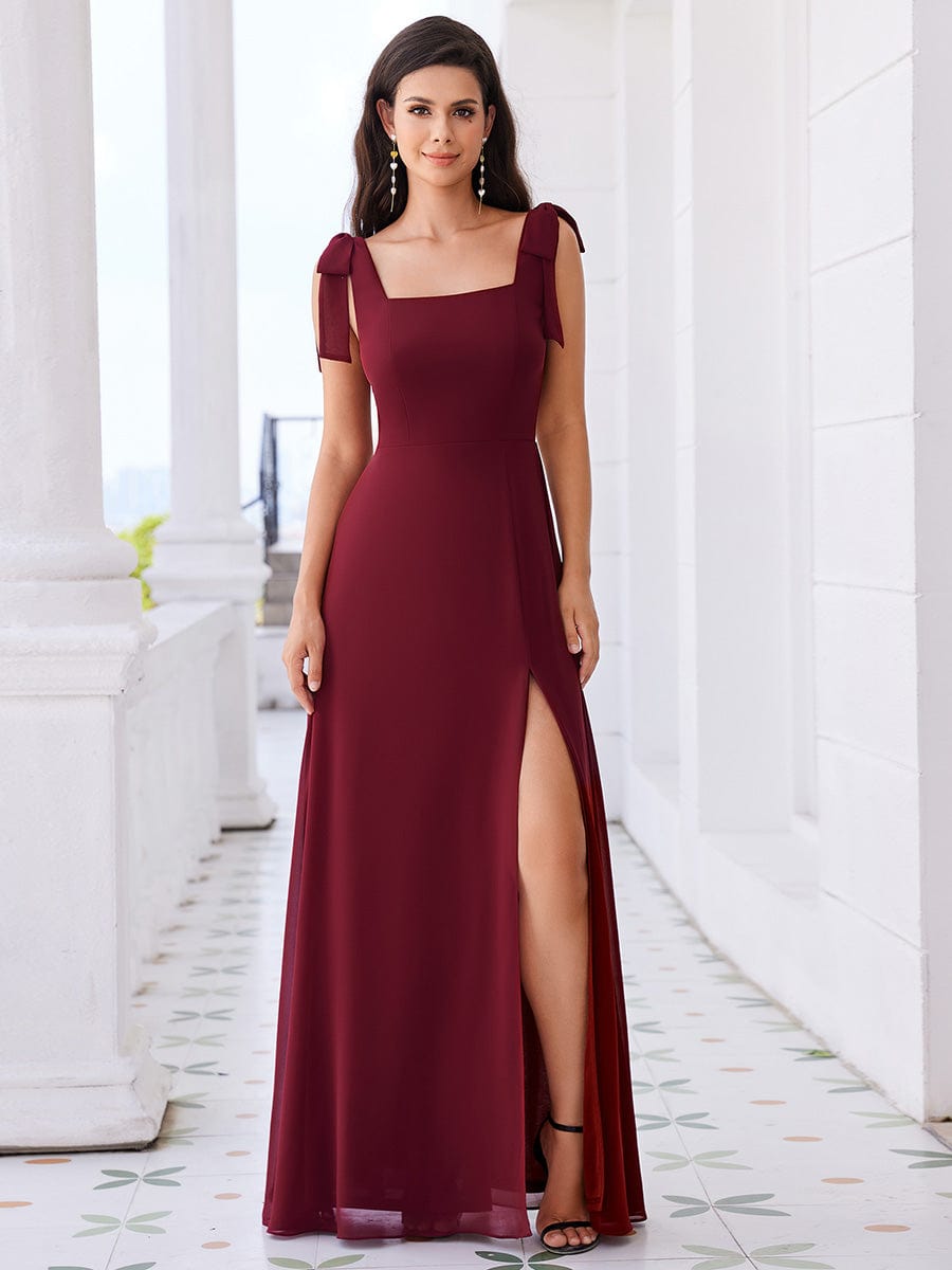 Square Neckline Chiffon Maxi Bridesmaid Dress with Bowknot and Slit #color_Burgundy