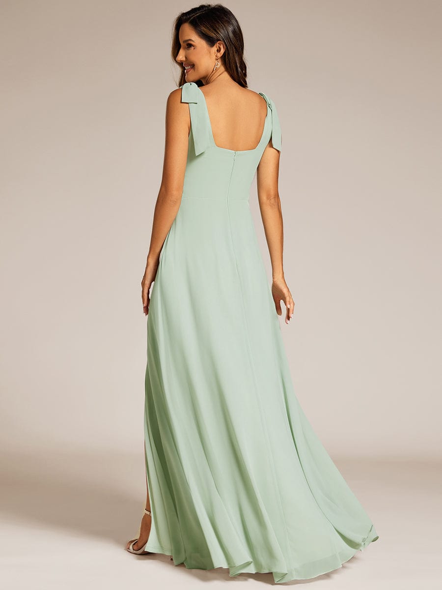 Square Neckline Chiffon Maxi Bridesmaid Dress with Bowknot and Slit #color_Mint Green