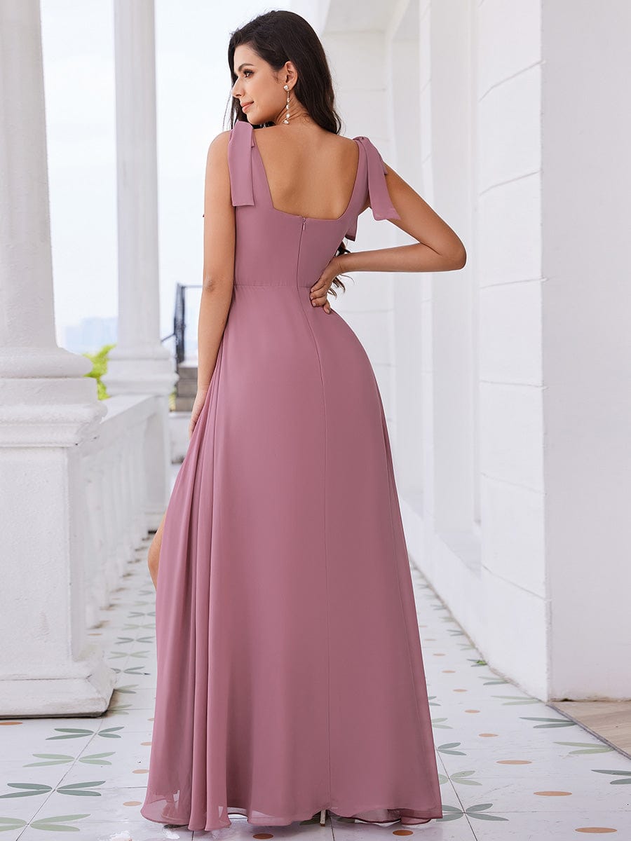 Square Neckline Chiffon Maxi Bridesmaid Dress with Bowknot and Slit #color_Purple Orchid