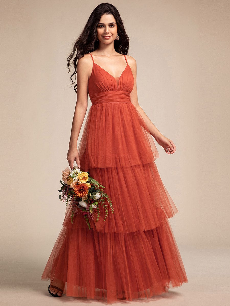 Spaghetti Strap Tiered Tulle Maxi Bridesmaid Dress with Pleats #color_Burnt Orange