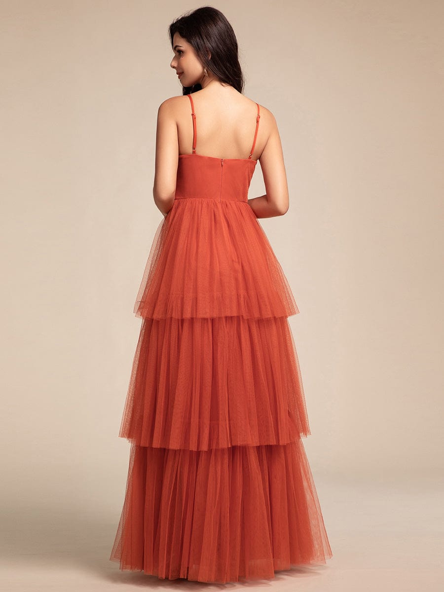 Spaghetti Strap Tiered Tulle Maxi Bridesmaid Dress with Pleats #color_Burnt Orange