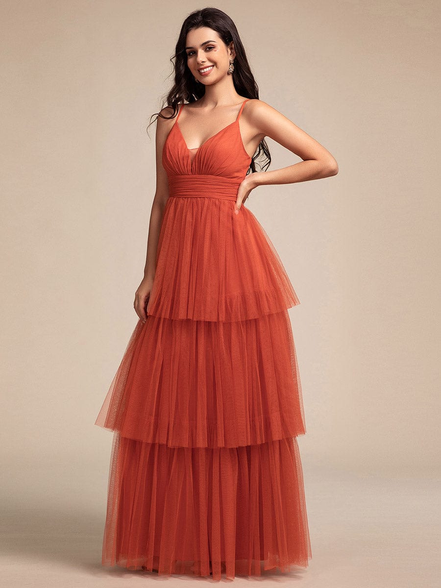 Spaghetti Strap Tiered Tulle Maxi Bridesmaid Dress with Pleats #color_Burnt Orange