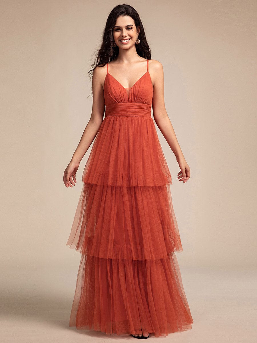 Spaghetti Strap Tiered Tulle Maxi Bridesmaid Dress with Pleats #color_Burnt Orange