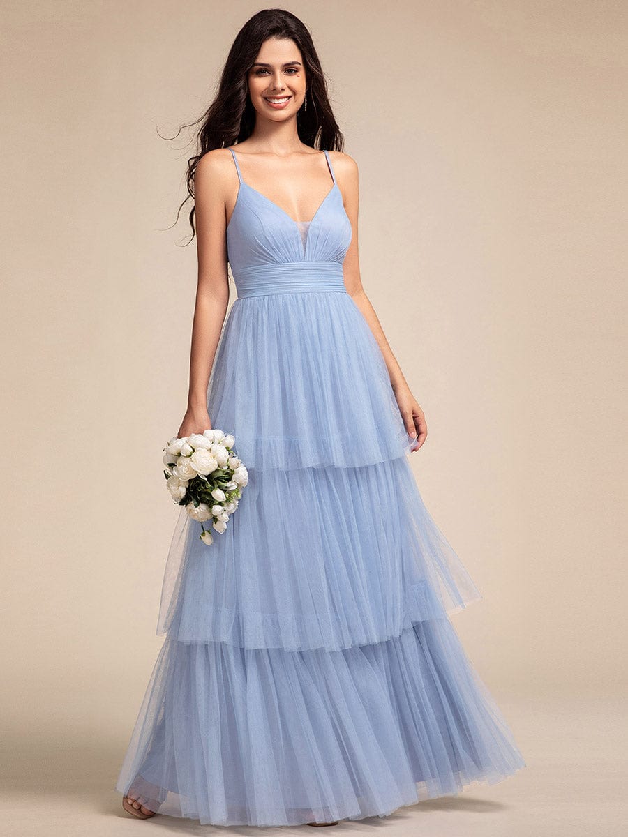 Spaghetti Strap Tiered Tulle Maxi Bridesmaid Dress with Pleats #color_Light Blue